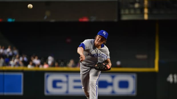 May 23, 2022; Phoenix, Arizona, USA; Kansas City Royals starting pitcher Zack Greinke (23) throws in the second inning against the Arizona Diamondbacks at Chase Field. Mandatory Credit: Matt Kartozian-USA TODAY Sports